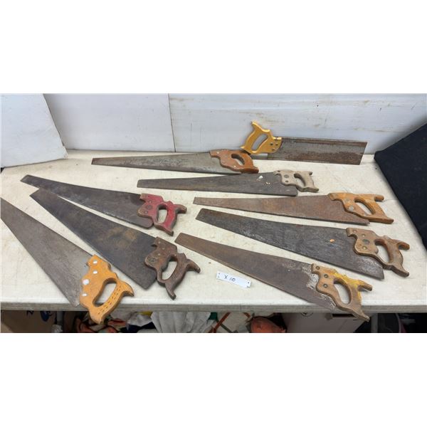 Collection of Vintage Hand Saws Including Stanley Panel Saw and Backsaws, Wooden Handles