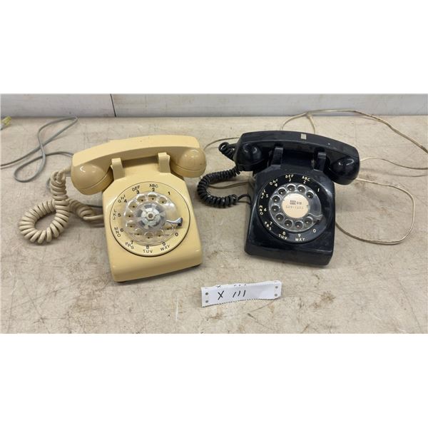 Two Rotary Dial Telephones: Black Bell System and Beige Western Electric, Each with Handset and