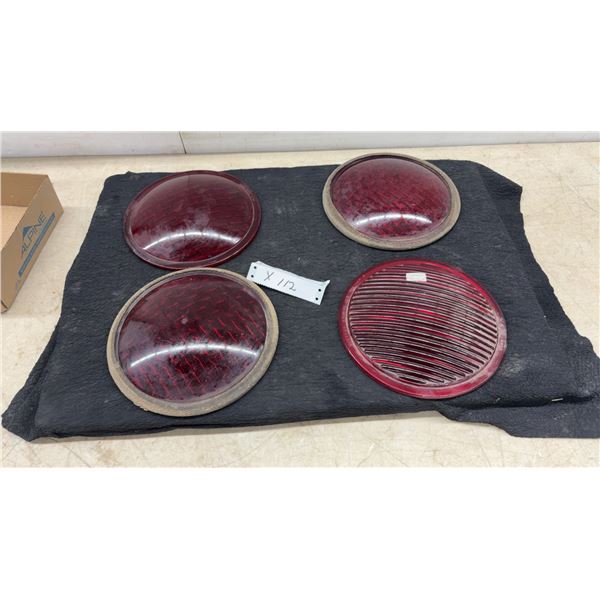 Four Red Glass Automotive Lenses, One Ribbed, 8 1/4” Diameter
