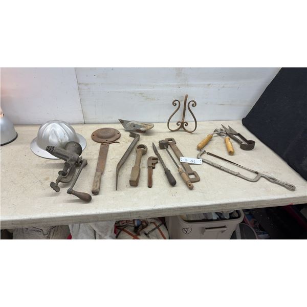 Vintage Tools: Metal Hard Hat, Meat Grinder, Branding Irons, Shears, Hacksaw
