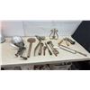 Image 1 : Vintage Tools: Metal Hard Hat, Meat Grinder, Branding Irons, Shears, Hacksaw