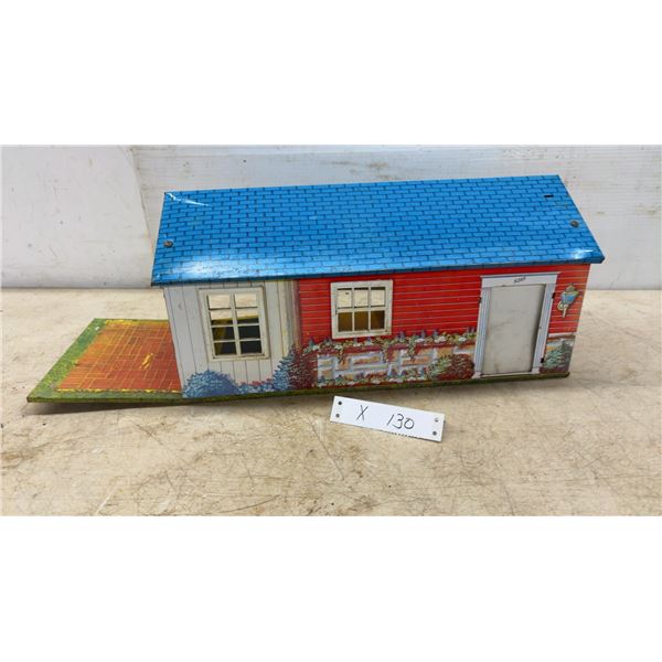 Vintage Tin Litho Dollhouse with Blue Roof, Red and Yellow Sides, and Brick Patio, 8 × 23 × 9”