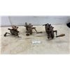 Image 1 : Three Hand-Crank Grinders, Including Red-Painted Grinder and Two Rust-Patina Grinders