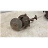 Image 4 : Three Hand-Crank Grinders, Including Red-Painted Grinder and Two Rust-Patina Grinders