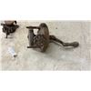 Image 5 : Three Hand-Crank Grinders, Including Red-Painted Grinder and Two Rust-Patina Grinders