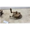 Image 6 : Three Hand-Crank Grinders, Including Red-Painted Grinder and Two Rust-Patina Grinders