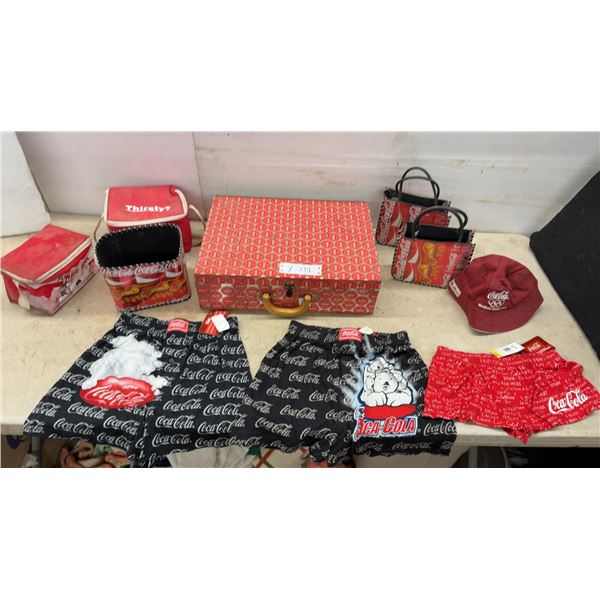 Coca-Cola Collectibles: 2 Insulated Lunch Bags, Hat, Box, 2 Purses, Suitcase, and 3 Pairs of