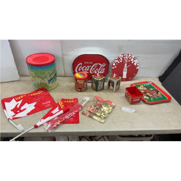 Coca-Cola Advertising Lot: Oval and Santa Trays, Clock, Cart, Tins, Umbrella