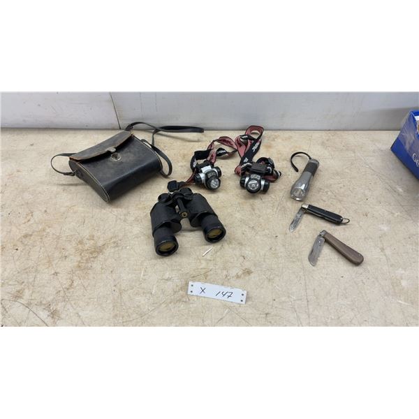 Marksman 7 × 35 Coated Optics Binoculars and Case, 2 Headlamps, 2 Pocket Knives, and Flashlight