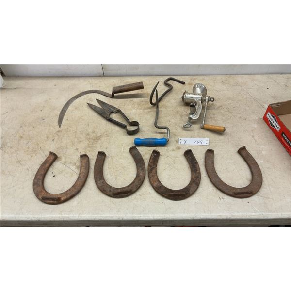 Vintage Farm and Ranch Tools: National No. 20 Meat Grinder, Sickle, Shears, 2 Hooks, and 4