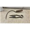Image 2 : Vintage Farm and Ranch Tools: National No. 20 Meat Grinder, Sickle, Shears, 2 Hooks, and 4
