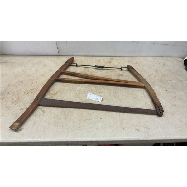 Vintage Bow Saw with Wooden Frame and Metal Blade, Wire Tensioner, and Wooden Crossbars