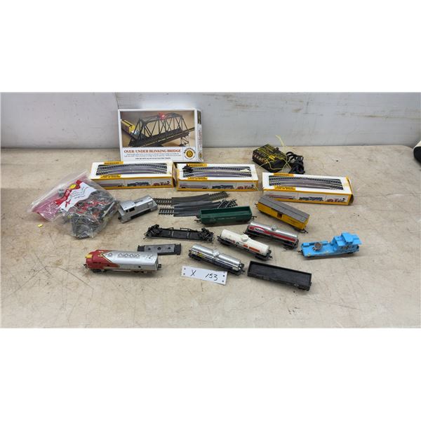 Bachmann HO Scale Over/Under Blinking Bridge, Track, Locomotives, and Freight Cars