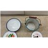 Image 10 : Collection of Enamelware Plates, Bowls, and Mugs, including Floral, Fruit, and Geometric Designs