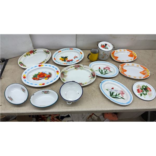 Collection of Enamelware Plates, Bowls, and Mugs, including Floral, Fruit, and Geometric Designs