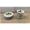 Image 8 : Collection of Enamelware Plates, Bowls, and Mugs, including Floral, Fruit, and Geometric Designs