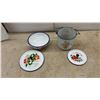 Image 9 : Collection of Enamelware Plates, Bowls, and Mugs, including Floral, Fruit, and Geometric Designs