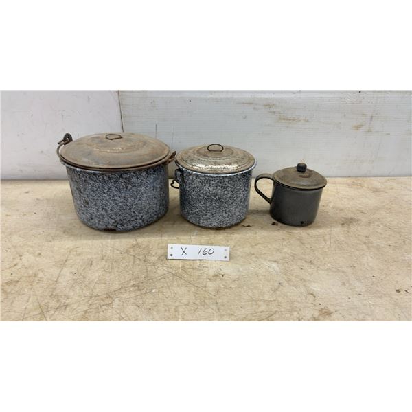 Granite Ware Pots with Lids and Enamel Mug