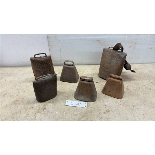 Lot of 7 Antique Cowbells: 2 Large Rectangular, 5 Smaller Trapezoidal