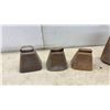 Image 2 : Lot of 7 Antique Cowbells: 2 Large Rectangular, 5 Smaller Trapezoidal
