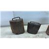 Image 4 : Lot of 7 Antique Cowbells: 2 Large Rectangular, 5 Smaller Trapezoidal