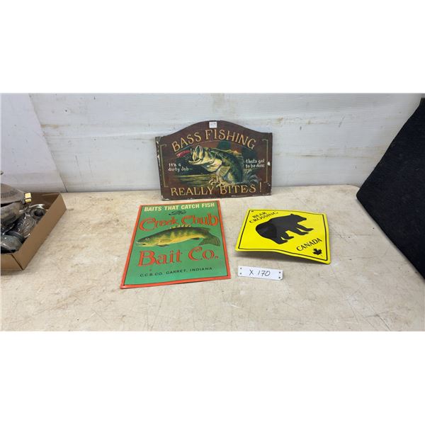 Bass Fishing Sign, Creek Chub Bait Co. Sign, and Bear Crossing Canada Sign, largest 15 × 17”