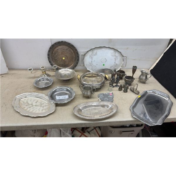 Silverplate Trays, Bowls, and Serving Pieces, Including Candelabra, Creamer, Sugar Bowl