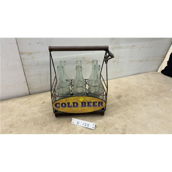 Cold Beer Metal Bottle Carrier with 6 Glass Bottles and Built-In Bottle Opener