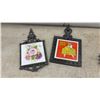 Image 2 : Assorted Cast Iron Trivets and Wall Hangings: "Bless This House" Plaque, Floral and Clown Tiles