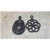 Image 6 : Assorted Cast Iron Trivets and Wall Hangings: "Bless This House" Plaque, Floral and Clown Tiles