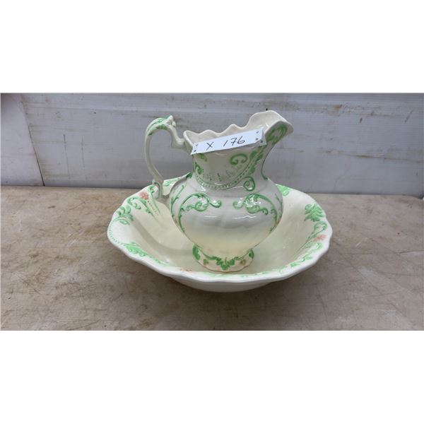 Ceramic Pitcher and Basin, Green and Pink Floral Motif