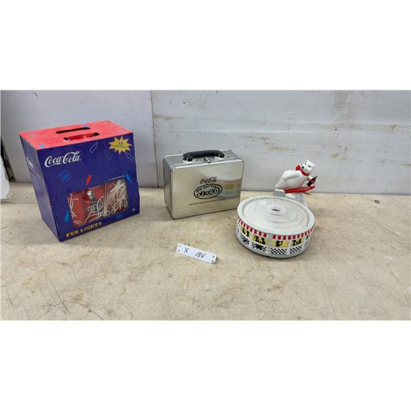 Coca-Cola Fun Lights, Polar Bear Bank, and 1999 Coca-Cola Co. Lunch Box with Bingo Game