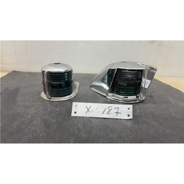 Pair of Vintage Chrome and Glass Boat Navigation Lights: Red and Green Sidelights