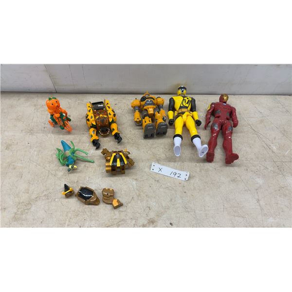 Assorted Action Figures and Robot Toys: Iron Man, Yellow Power Ranger, Bumblebee-Style Robot