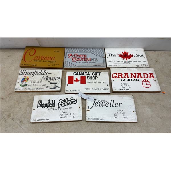 Collection of 8 Vintage Wooden Business Signs: Carisma, B-Tween Boutique, The Uniform Set and More