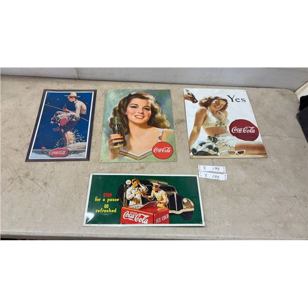 Four Coca-Cola Advertising Tin Signs: "Yes" Bikini Girl, Fisherman and Dog, Pin-Up Girl, and Gas