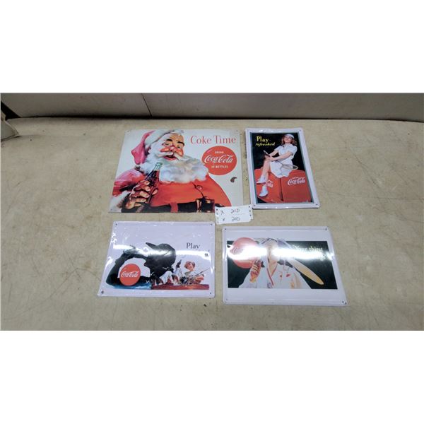 Lot of Four Coca-Cola Reproduction Tin Advertising Signs, Santa Coke Time and Play Refreshed