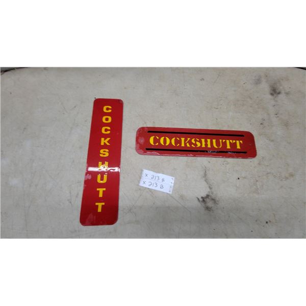 2x Cockshutt Farm Equipment Nameplates, Red and Yellow Metal Signs, Horizontal and Vertical 4"×16"
