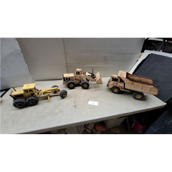 Vintage Tonka Mighty Construction Toys, Grader, Front-End Loader, and Bottom-Dump Truck
