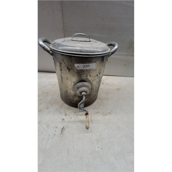 Vintage Metal Hand-Crank Butter Churn With Lid, Twin Side Handles, and Wooden Crank Handle