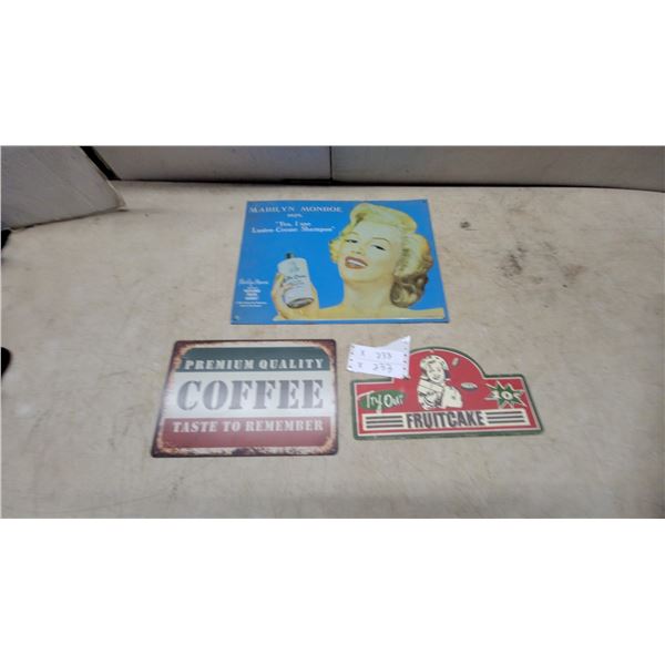 3 Vintage-Style Tin Signs: Coffee, Marilyn Monroe Lustre-Creme, and Fruitcake