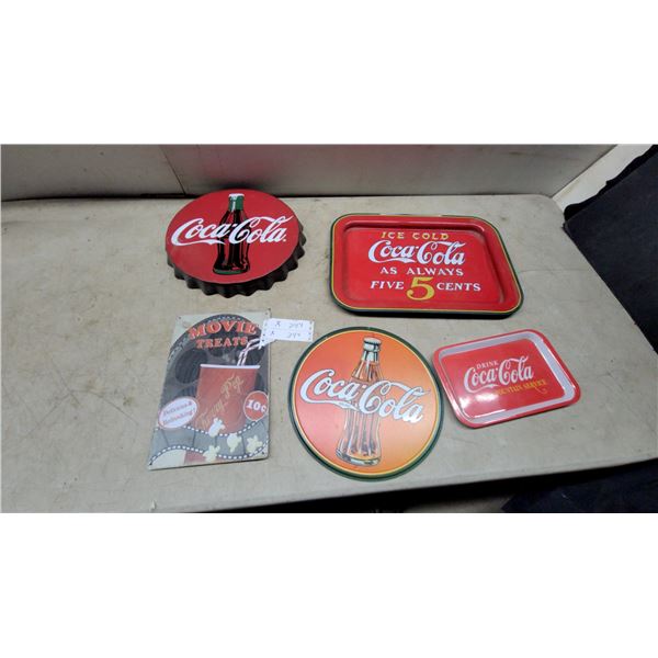 Coca-Cola Bottle Cap Sign, Serving Trays, Oval Sign, and Movie Treats Tin Sign, 5 Pieces