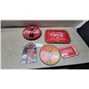 Image 1 : Coca-Cola Bottle Cap Sign, Serving Trays, Oval Sign, and Movie Treats Tin Sign, 5 Pieces