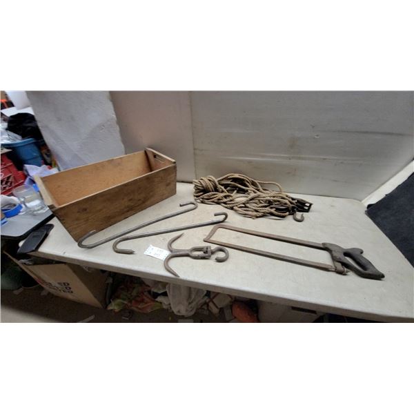 Vintage Butcher Lot: Cast Iron Grappling Hook, Frame Saw, Meat Hooks, Block and Tackle