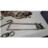 Image 2 : Vintage Butcher Lot: Cast Iron Grappling Hook, Frame Saw, Meat Hooks, Block and Tackle