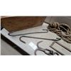 Image 4 : Vintage Butcher Lot: Cast Iron Grappling Hook, Frame Saw, Meat Hooks, Block and Tackle