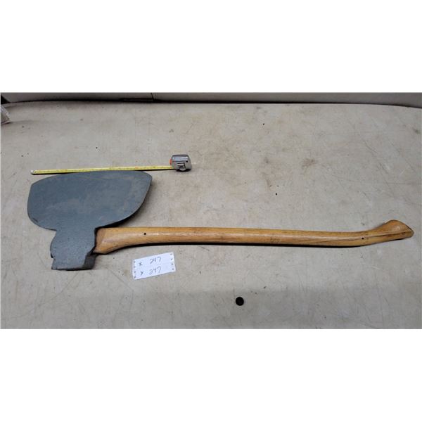 Vintage Broad Axe / Hewing Axe with Asymmetrical Grey Head and Wooden Handle