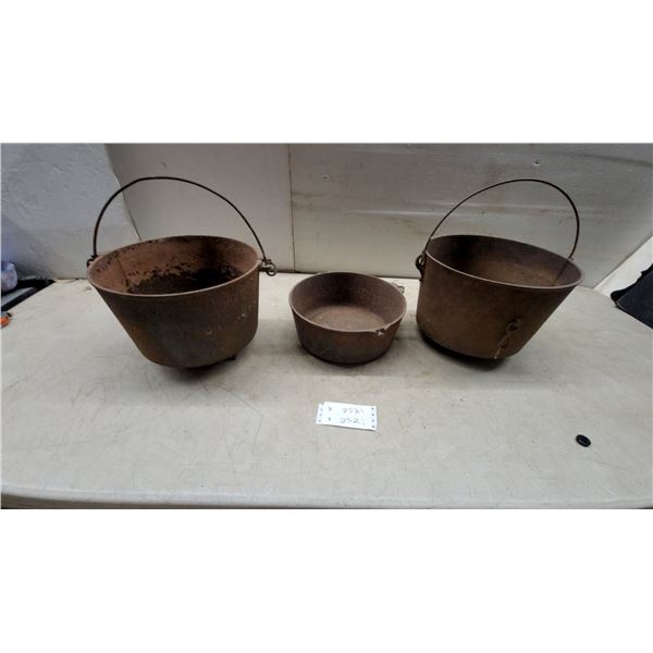 Antique Cast Iron Cooking Vessels, Two Cauldrons with Bail Handles and Shallow Pot