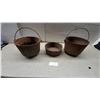 Image 1 : Antique Cast Iron Cooking Vessels, Two Cauldrons with Bail Handles and Shallow Pot