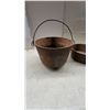 Image 2 : Antique Cast Iron Cooking Vessels, Two Cauldrons with Bail Handles and Shallow Pot